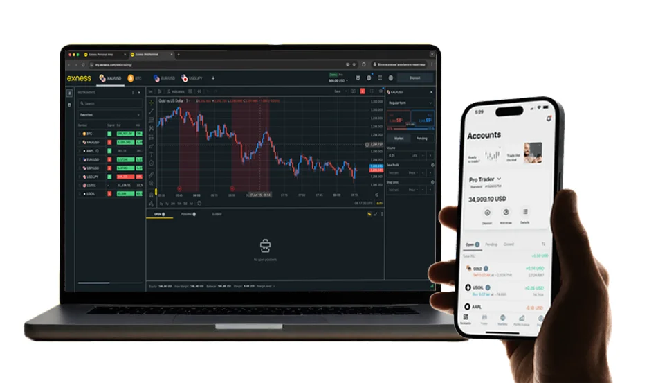 Exness terminal on laptop and mobile.